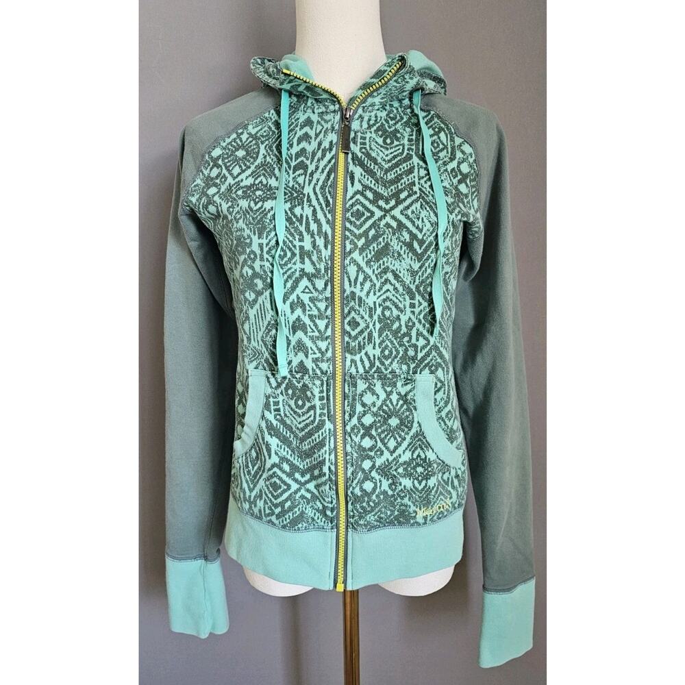 Marmot Geometric Tribal Print Teal Green Hoodie Outdoor Camping Hiking Sz M